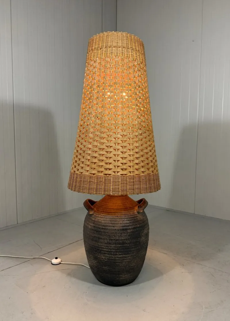 Pamono Large Pottery Amphora Floor Lamp with Caned Lamp Shade, 1960s> Floor Lamps