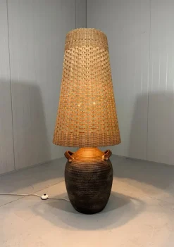 Pamono Large Pottery Amphora Floor Lamp with Caned Lamp Shade, 1960s><noscript><img width=