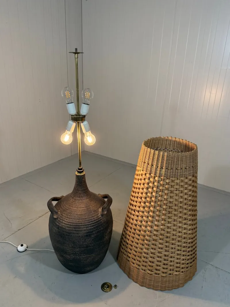 Pamono Large Pottery Amphora Floor Lamp with Caned Lamp Shade, 1960s> Floor Lamps