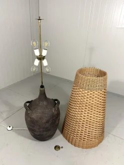 Pamono Large Pottery Amphora Floor Lamp with Caned Lamp Shade, 1960s><noscript><img width=