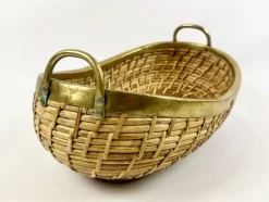 Pamono Large Rattan and Brass Fruit Bowl, 1970s><noscript><img width=