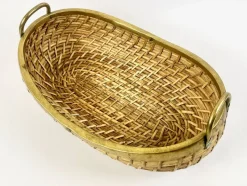 Pamono Large Rattan and Brass Fruit Bowl, 1970s><noscript><img width=