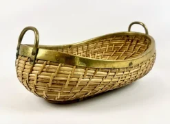 Pamono Large Rattan and Brass Fruit Bowl, 1970s><noscript><img width=