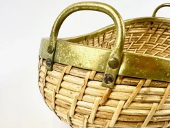 Pamono Large Rattan and Brass Fruit Bowl, 1970s><noscript><img width=