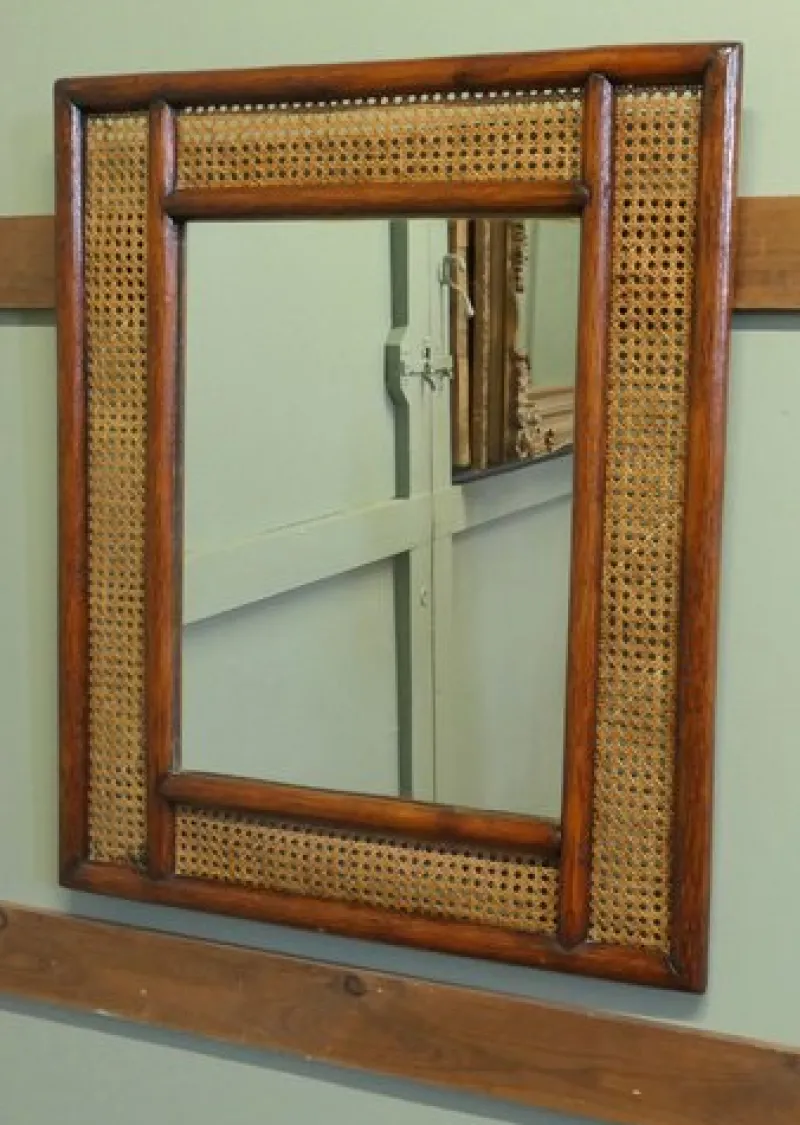 New Pamono Large Rectangular Mirror with Bergère and Rattan Frame, 1960