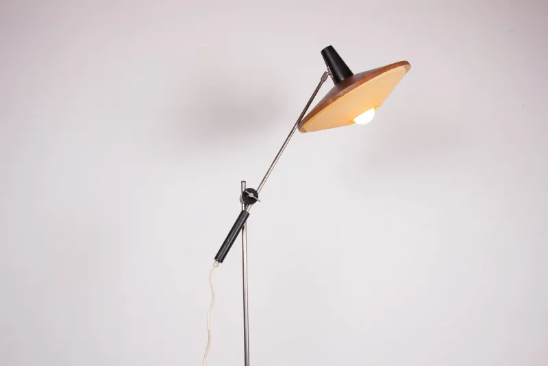 Pamono Large Steel and Teak Tilting Floor Lamp by Georges Frydman, 1960s> Floor Lamps