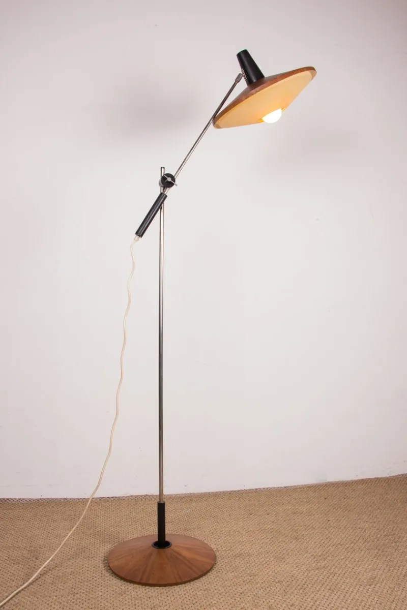 Pamono Large Steel and Teak Tilting Floor Lamp by Georges Frydman, 1960s> Floor Lamps