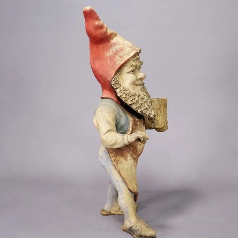 Pamono Large Terracotta Garden Gnome with Flower Pot, Germany, 1920s> Garden Accessories