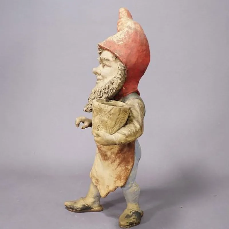 Pamono Large Terracotta Garden Gnome with Flower Pot, Germany, 1920s> Garden Accessories