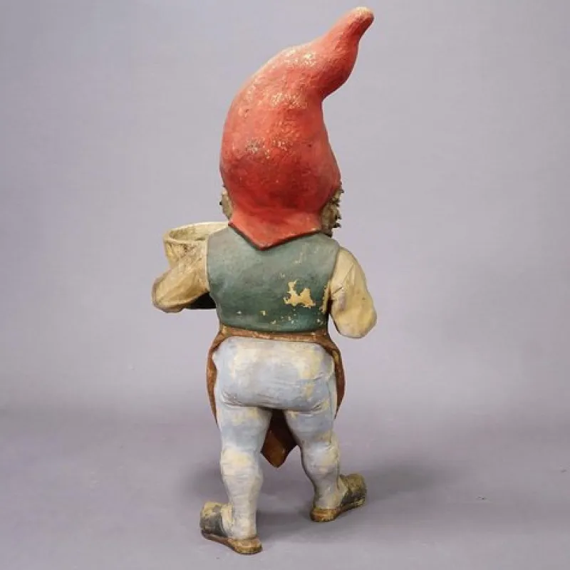 Pamono Large Terracotta Garden Gnome with Flower Pot, Germany, 1920s> Garden Accessories