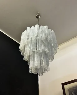 New Pamono Large Three-Tier Murano Glass Tube Chandelier with White Albaster, 1990s