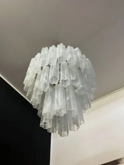 New Pamono Large Three-Tier Murano Glass Tube Chandelier with White Albaster, 1990s