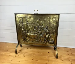 Pamono Large Victorian Embossed Brass Fire Screen, 1950s