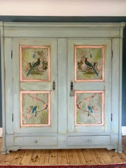 Pamono Large Vintage Painted Pine Double Wardrobe with Inlaid Chinoiserie, 1890s> Cabinets & Wardrobes