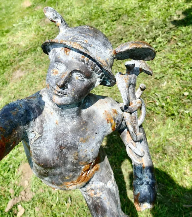 Pamono Large Weathered Iron Garden Statue of Mercury Hermes the Winged Messenger, 1900s> Garden Accessories