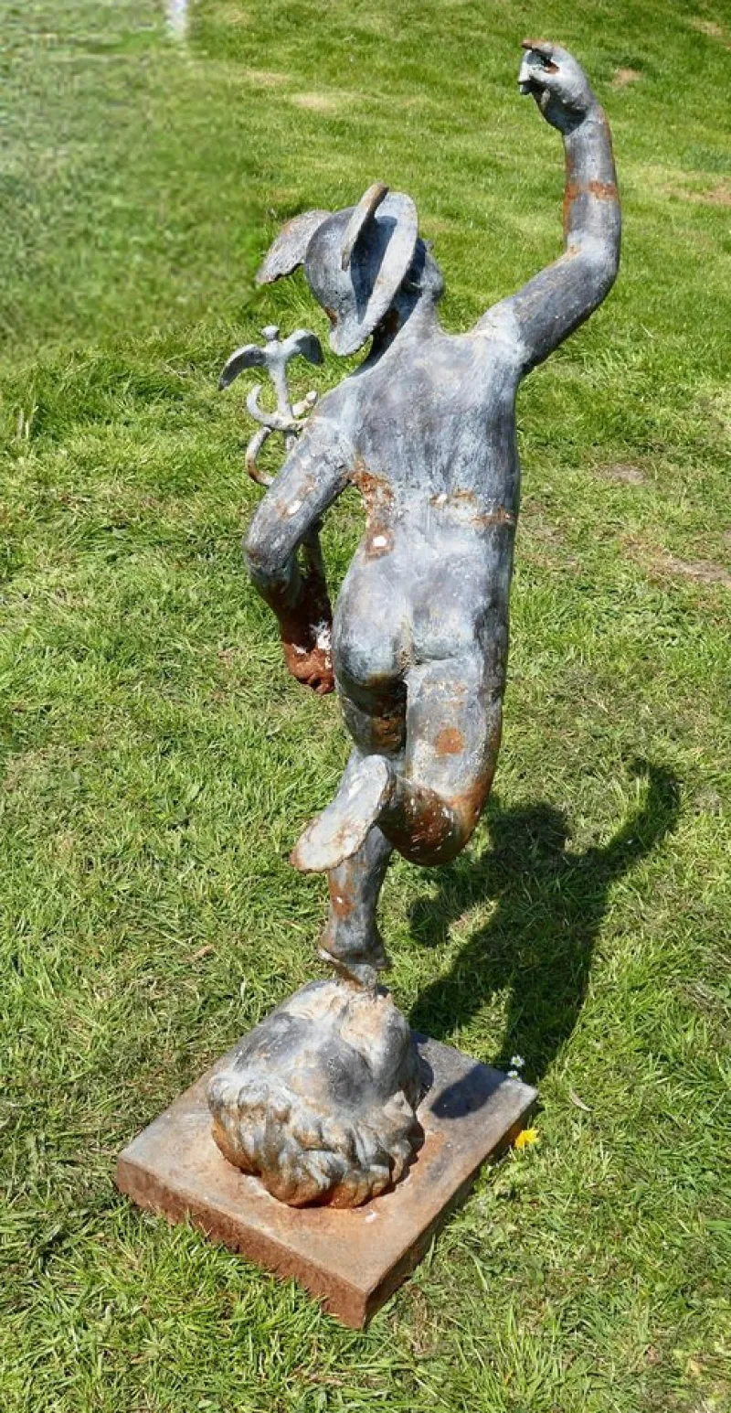 Pamono Large Weathered Iron Garden Statue of Mercury Hermes the Winged Messenger, 1900s> Garden Accessories