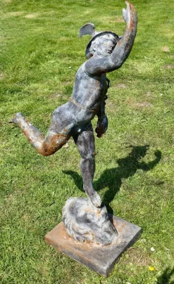 Pamono Large Weathered Iron Garden Statue of Mercury Hermes the Winged Messenger, 1900s><noscript><img width=