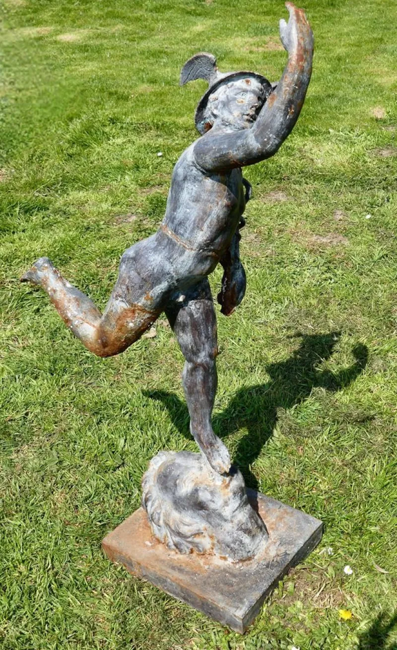 Pamono Large Weathered Iron Garden Statue of Mercury Hermes the Winged Messenger, 1900s> Garden Accessories