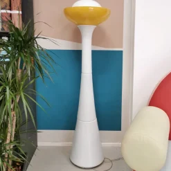 Pamono Large White and Yellow Murano Glass Column Lamp, 1960s> Floor Lamps