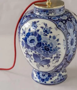 Online Pamono Large Wilhelmina Regina Delft Blue Table Lamp with New Red Velvet Lampshade