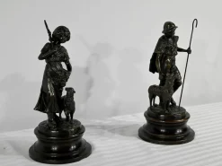 Pamono Laurini after L & F. Moreau, Le Berger et la Bergère, Early 1900s, Bronzes, Set of 2> Art Nouveau