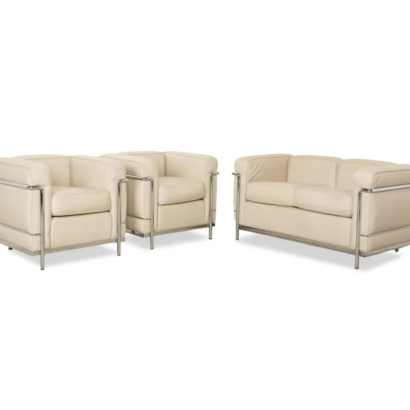 Hot Pamono LC 2 2-Seater Sofa and Lounge Chairs in Cream Leather by Le Corbusier for Cassina, Set of 3