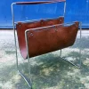 Outlet Pamono Leather and Steel Magazine Rack, 1960s