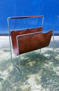 Outlet Pamono Leather and Steel Magazine Rack, 1960s