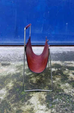 Outlet Pamono Leather and Steel Magazine Rack, 1960s