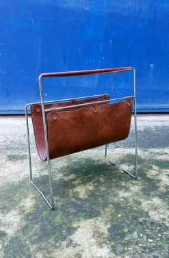 Outlet Pamono Leather and Steel Magazine Rack, 1960s