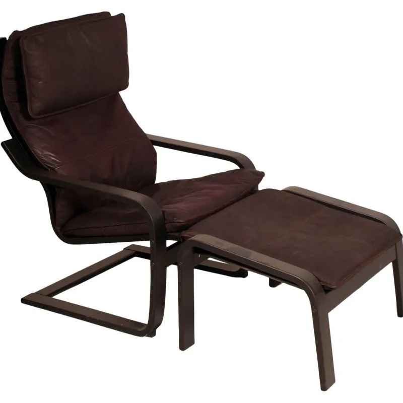 Pamono Leather Poäng Chairs & Footrest by Noboru Nakamura for IKEA, 1990s, Set of 3> Couches & Sofas