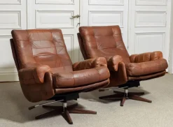Pamono Leather Swivel Lounge Chairs attributed to Ope-Möbler Jönköping, Sweden, 1960s, Set of 2><noscript><img width=