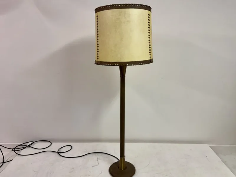 Pamono Leather-Wrapped Floor Lamp with Parchment Shade by Charlotte Wawer, 1950s> Floor Lamps