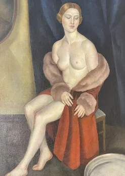 Online Pamono Leonid Frechkop, Nude with a Fur Coat, 1920s, Oil on Canvas