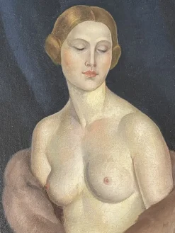 Online Pamono Leonid Frechkop, Nude with a Fur Coat, 1920s, Oil on Canvas