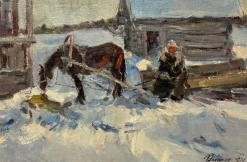 Sale Pamono Leonid Vaichilia, Horses in Winter, Oil Painting, 1971, Framed
