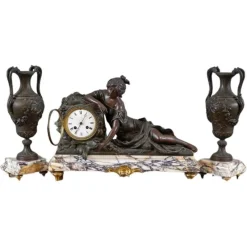 Pamono L&F Moreau Mantel Set on Marble Base, 1890s, Set of 3> Clocks