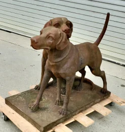 Pamono Life-Size Weathered Cast Iron Labrador Statues on Plinths, 1960s, Set of 2><noscript><img width=