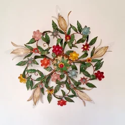 Pamono 5-Light Ceiling or Wall Lamp with Red, Yellow and Blue Flowers and Leaves, Italy, 1970s><noscript><img width=