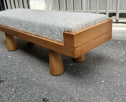 Pamono Light Wood Bench with Conical Legs and Grey Bouclé Fabric Sides, 2000s><noscript><img width=