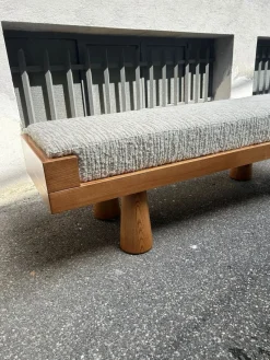 Pamono Light Wood Bench with Conical Legs and Grey Bouclé Fabric Sides, 2000s><noscript><img width=