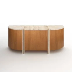 Online Pamono Lily Rounded Credenza in Honed Unfilled Navona Travertine and Oak by Fred&Juul