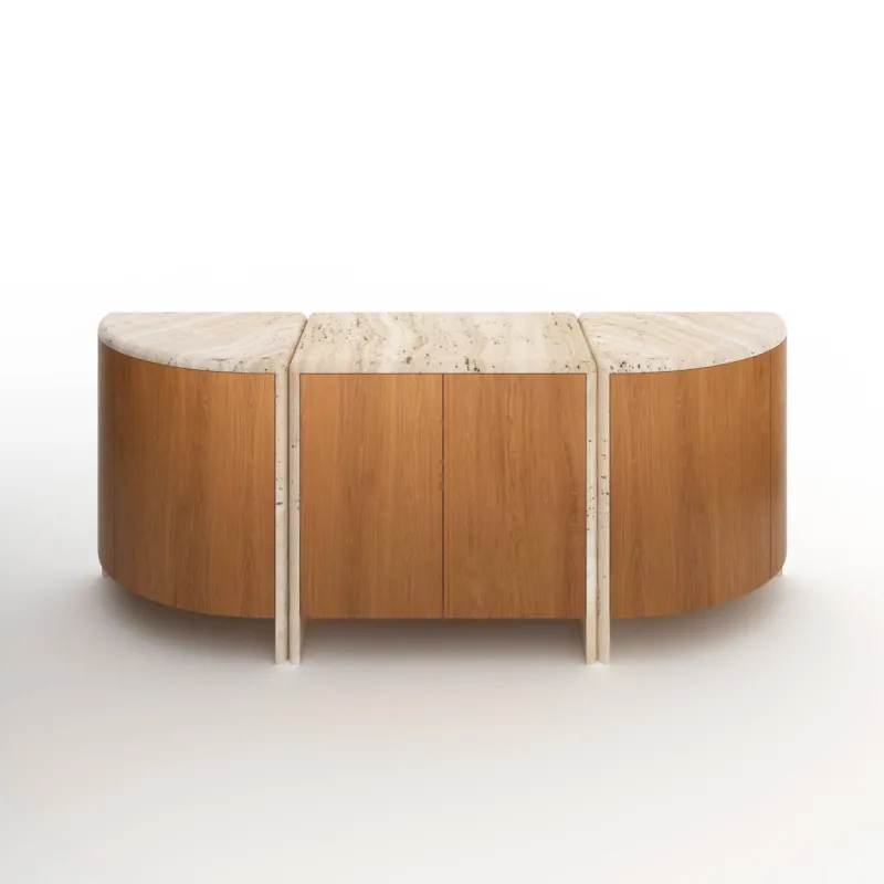 Online Pamono Lily Rounded Credenza in Honed Unfilled Navona Travertine and Oak by Fred&Juul