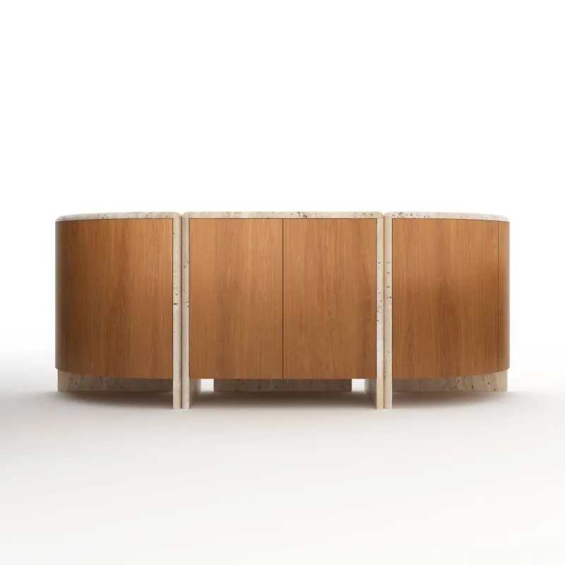 Online Pamono Lily Rounded Credenza in Honed Unfilled Navona Travertine and Oak by Fred&Juul