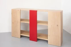 Pamono Limed Oak and Red Aluminium Bookcase by Paul Kelley> Storage