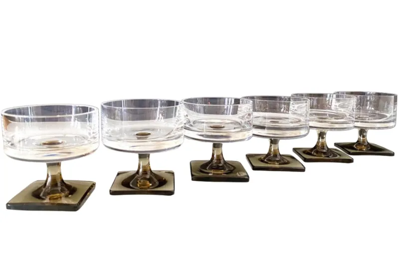 Clearance Pamono Linear Smoke Berlin Cups in 24% Lead Crystal & Square Base George Butler Jensen for Rosenthal, Set of 6