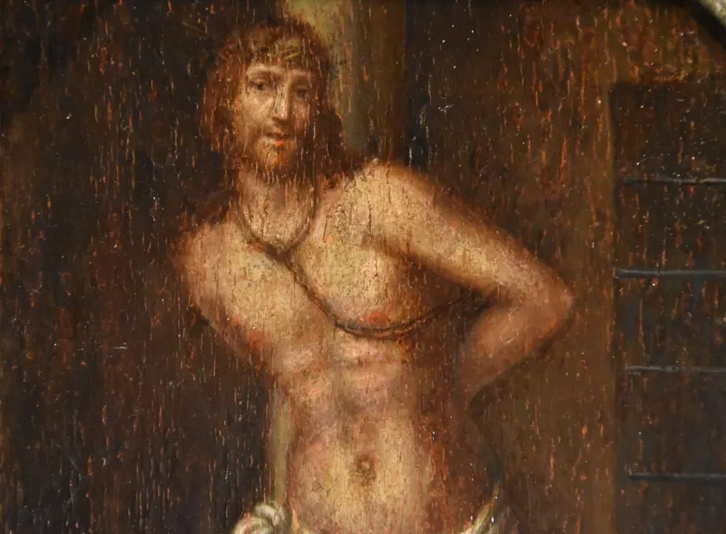 New Pamono Lombard School Artist, Christ on the Column, 1580, Oil on Board, Framed