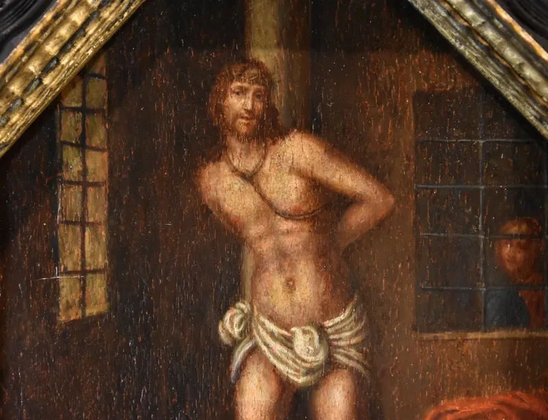 New Pamono Lombard School Artist, Christ on the Column, 1580, Oil on Board, Framed
