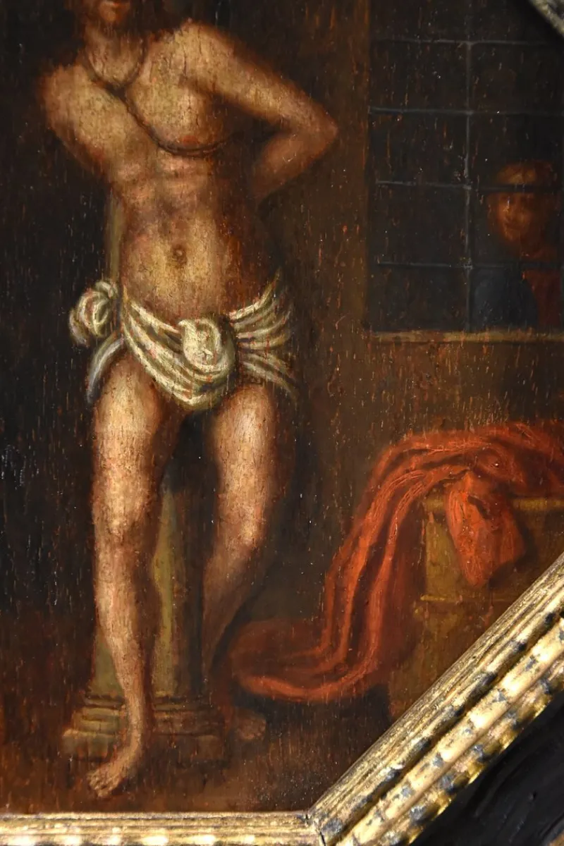 New Pamono Lombard School Artist, Christ on the Column, 1580, Oil on Board, Framed