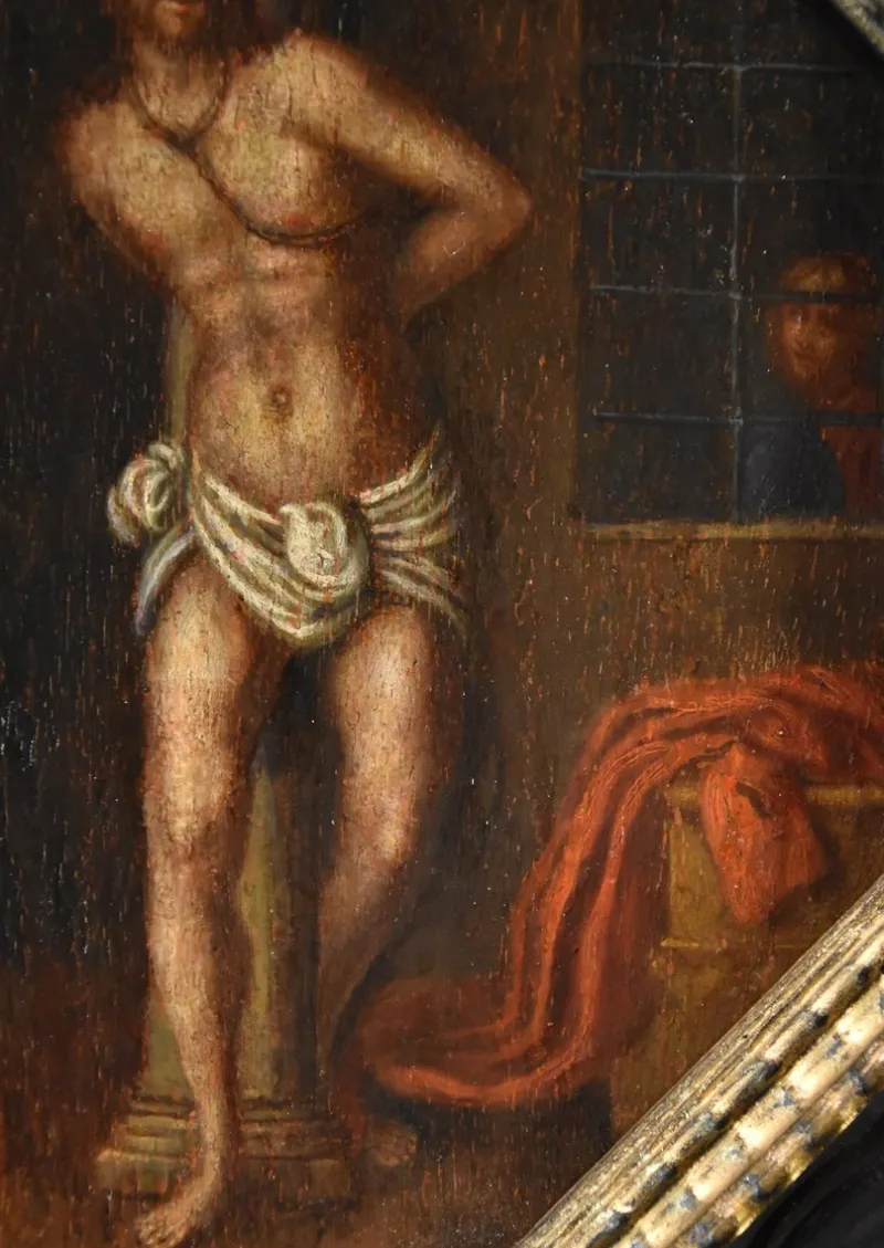 New Pamono Lombard School Artist, Christ on the Column, 1580, Oil on Board, Framed